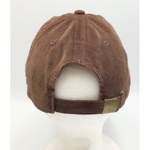 Young Girl Holding a Skull Corduroy Hat Brown Adjustable Strap Gothic Eerie Cap - Picture 4 of 8